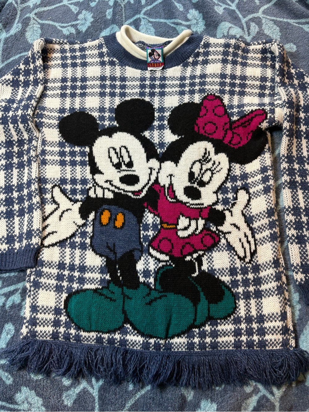 Vintage Kids Mickey & Minnie Navy Plaid Knit Sweater